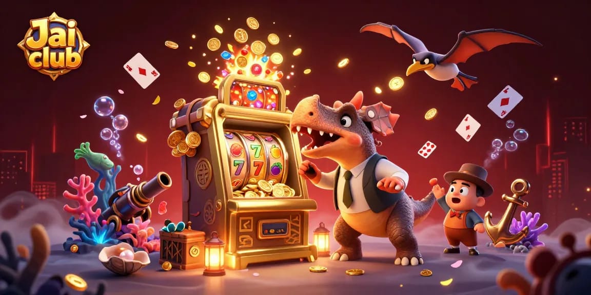 Engage with Jai club as pachycephalosaurus wins at the slot machine, collecting golden coins.