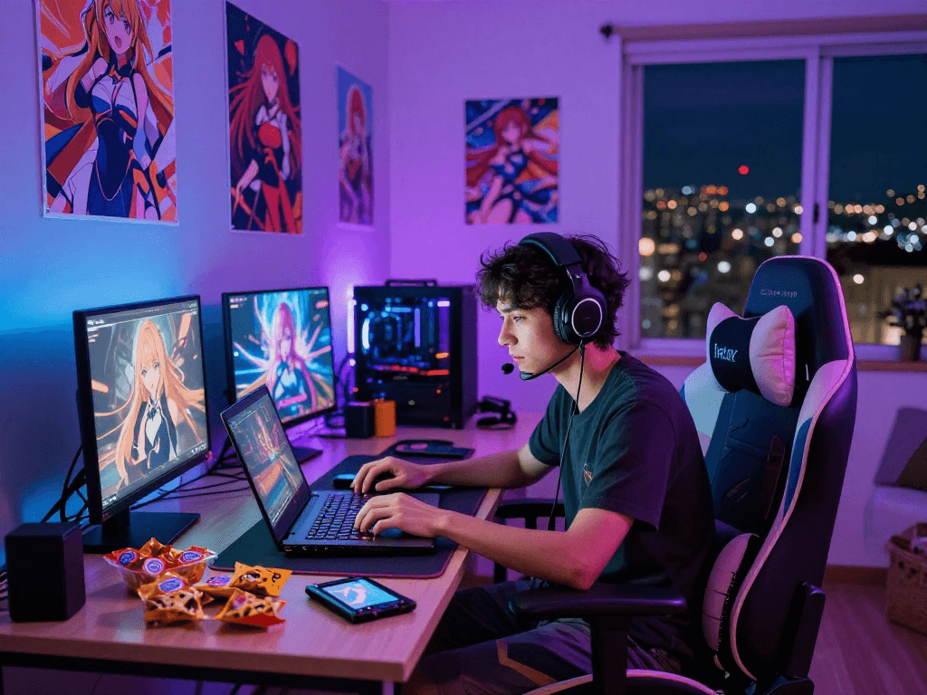 Engaging scene of a gamer playing hentai games in a cozy room with anime decor.