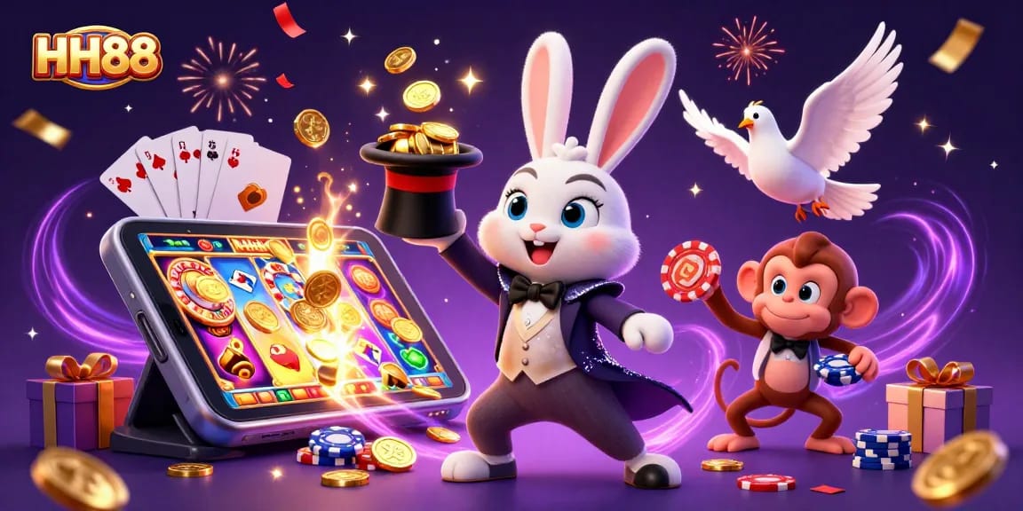 Experience the thrill of HH88 with a magician rabbit, dove, and monkey in a vibrant casino scene.