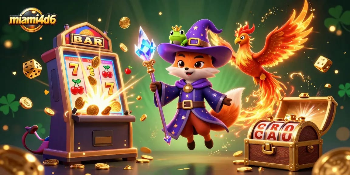 Spin and win with miami4d6 in a vibrant casino scene showcasing a wizard fox and phoenix.