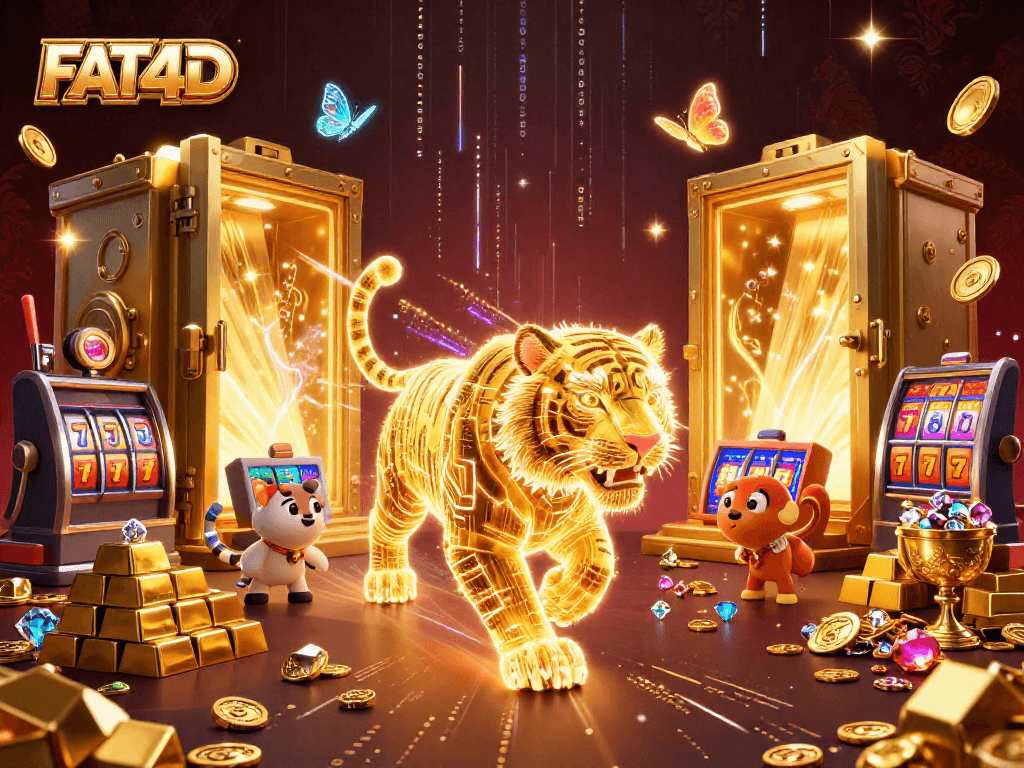 Visualize FAT4D's golden tiger navigating an electrifying digital casino landscape filled with wealth.