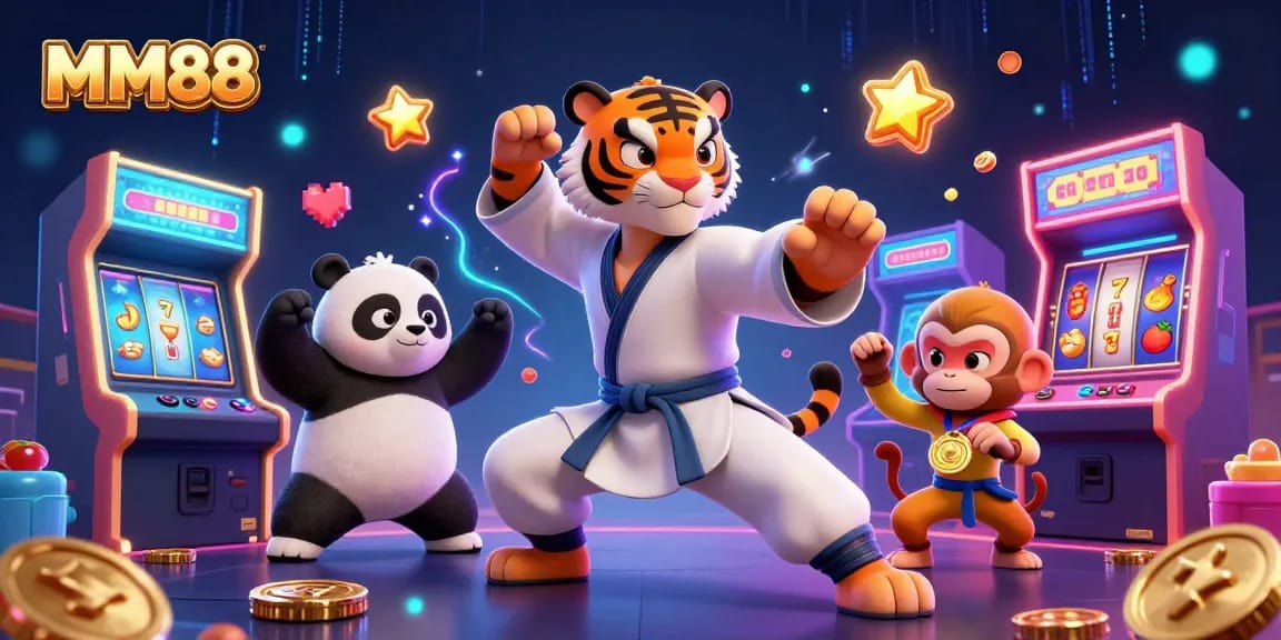 Engage in thrilling gameplay at MM88's vibrant casino scene with festive characters and neon elements.