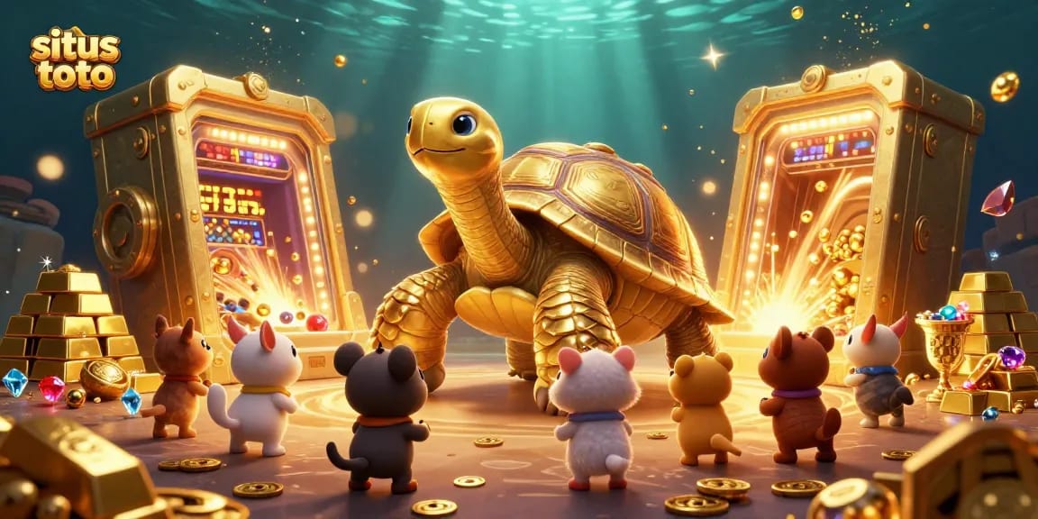 Engage with situs toto, a vibrant and dynamic scene featuring a colossal tortoise pinball machine surrounded by golden treasures and excited animals.