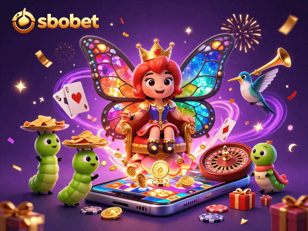 Bet on sbobet with glowing coins and vibrant characters in a colorful casino scene.