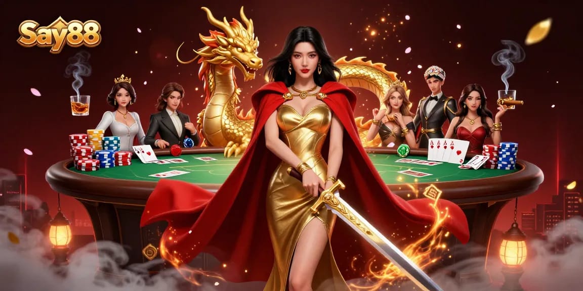 Engage in thrilling gaming at Say88 with our dynamic 3D illustration showcasing poker elements and a fierce warrior queen.