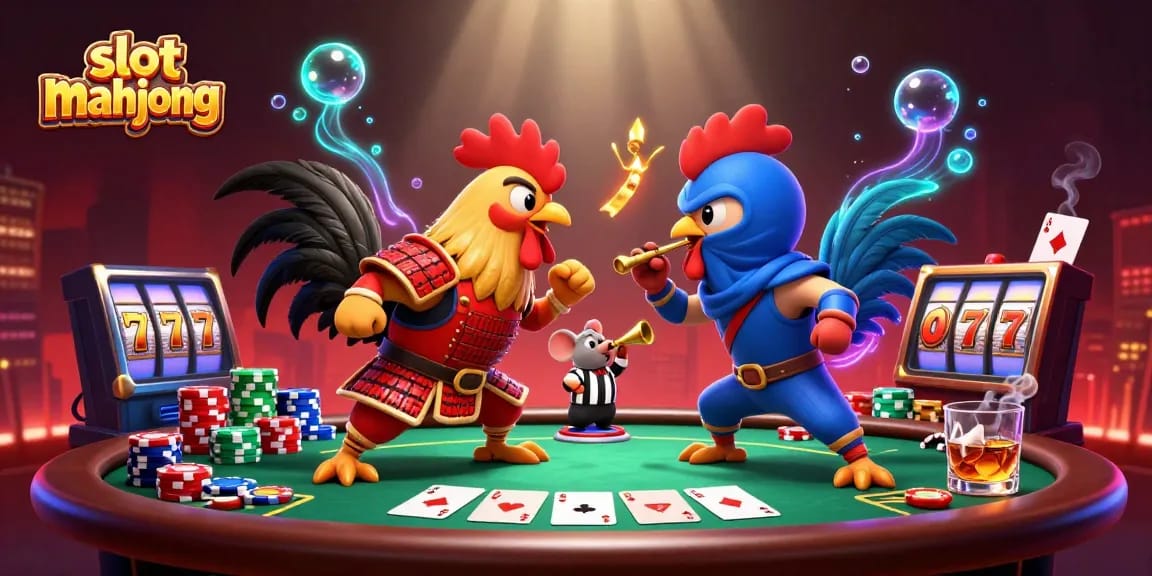Experience thrilling action with slot mahjong in an ultra-detailed 3D cartoon showdown featuring samurai and ninja roosters.