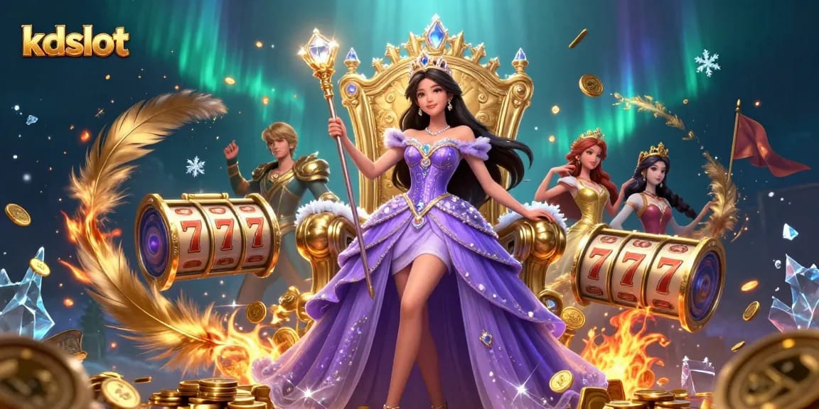 Spin the reels at kdslot, showcasing a stunning Asian princess amid jackpots and golden coins.