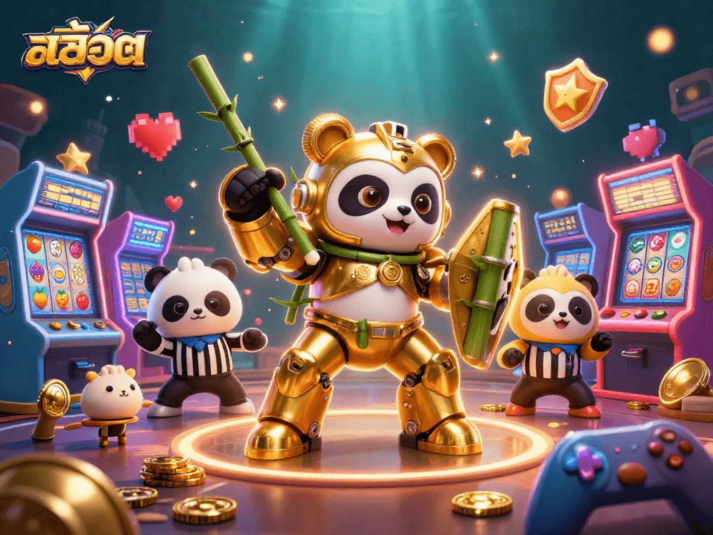 Engage with สล็อต through a dynamic 3D illustration featuring colorful slot reels and a panda warrior in action.