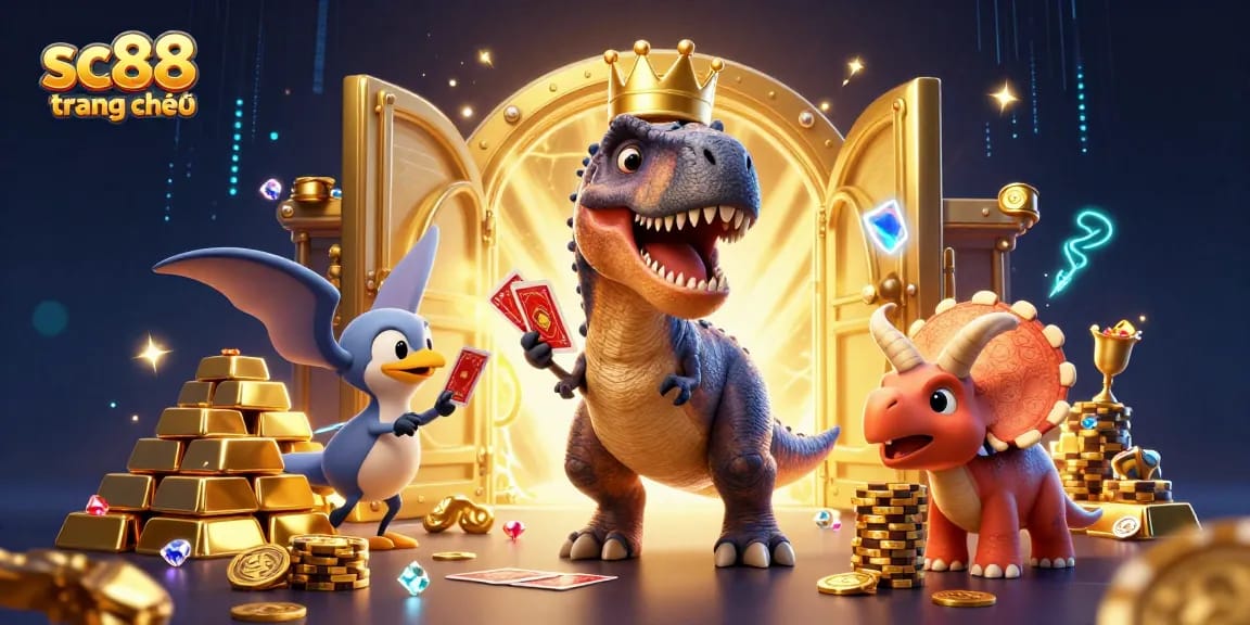 Experience the vibrant world of sc88 trang chủ in this dynamic 3D scene with casino characters and riches.