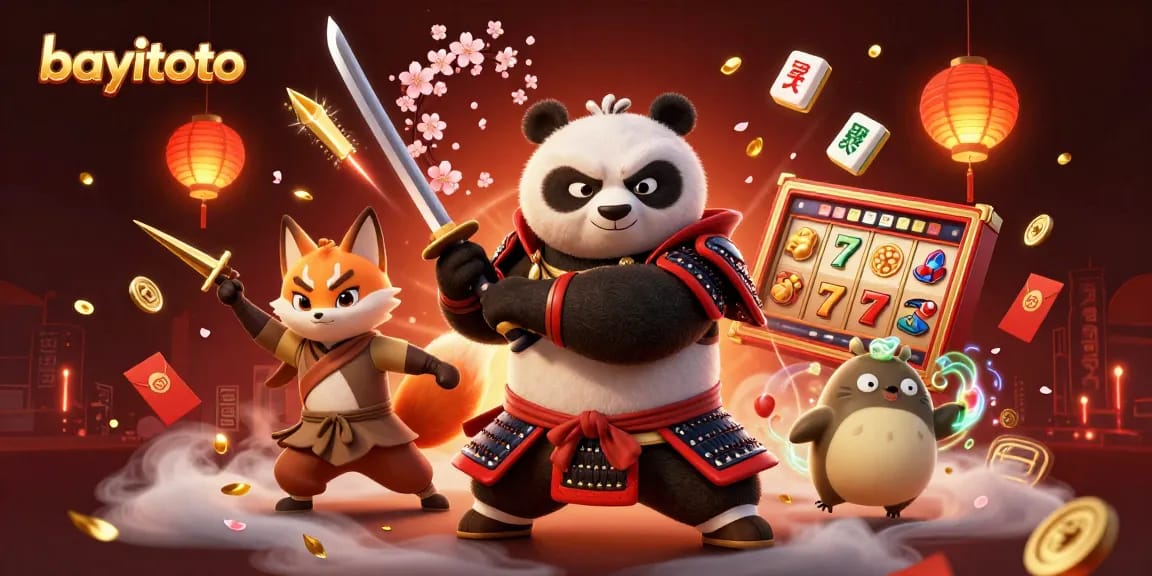 Experience thrilling gaming at bayitoto, where vibrant slot reels meet cartoon samurai action.