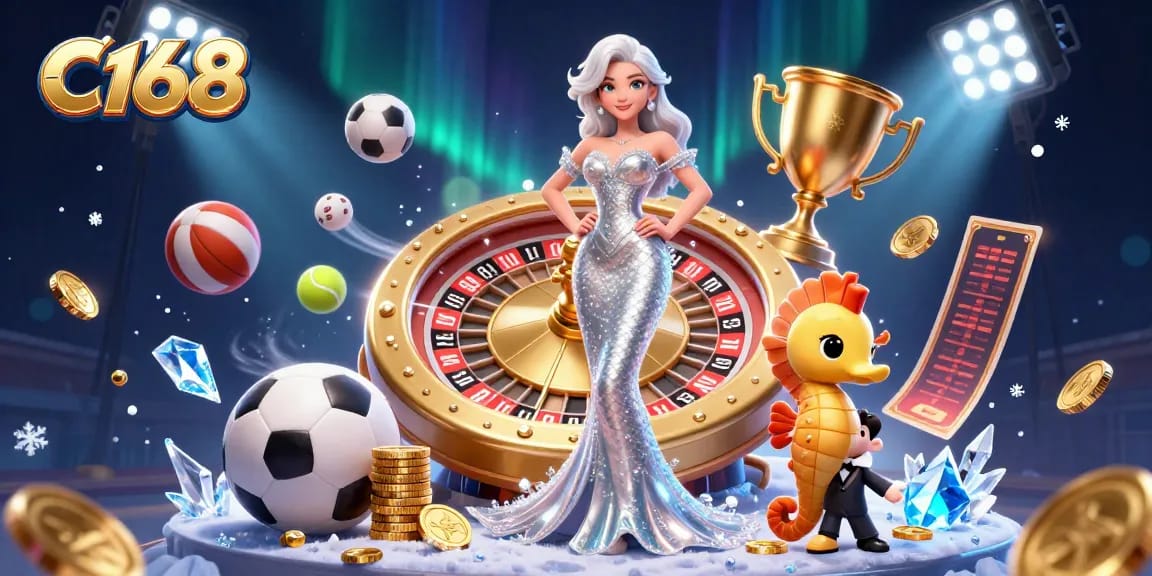 C168 engages players with a thrilling scene featuring a glamorous woman beside a golden roulette wheel and playful seahorse.