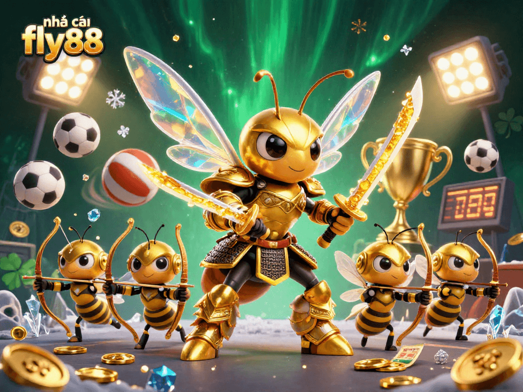 Experience the excitement of nhà cái fly88 with action-packed gaming elements in a vibrant 3D illustration.