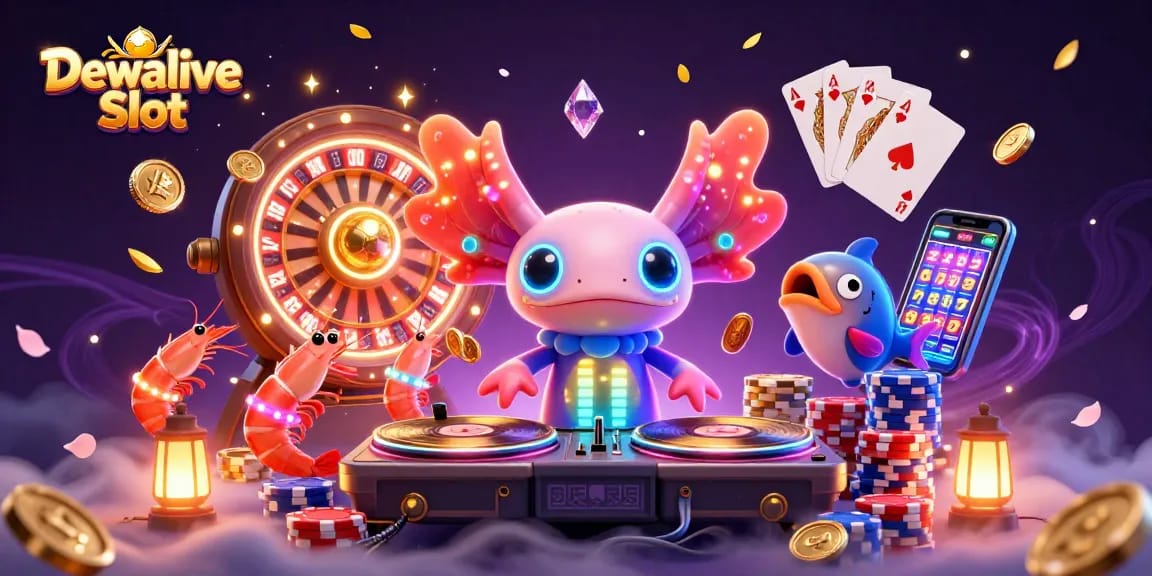 Dewalive Slot immersive 3D illustration featuring an axolotl DJ, golden coins, and vibrant gaming elements.
