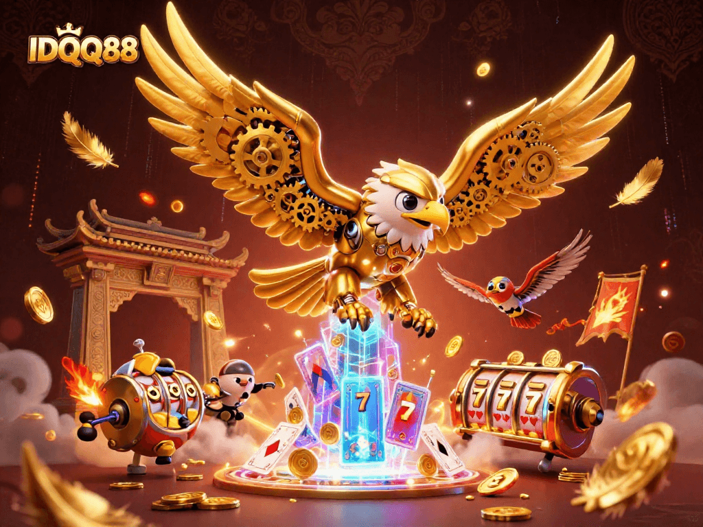 Spin the reels of IDQQ88 with a golden eagle amidst holographic cards and vibrant casino elements.