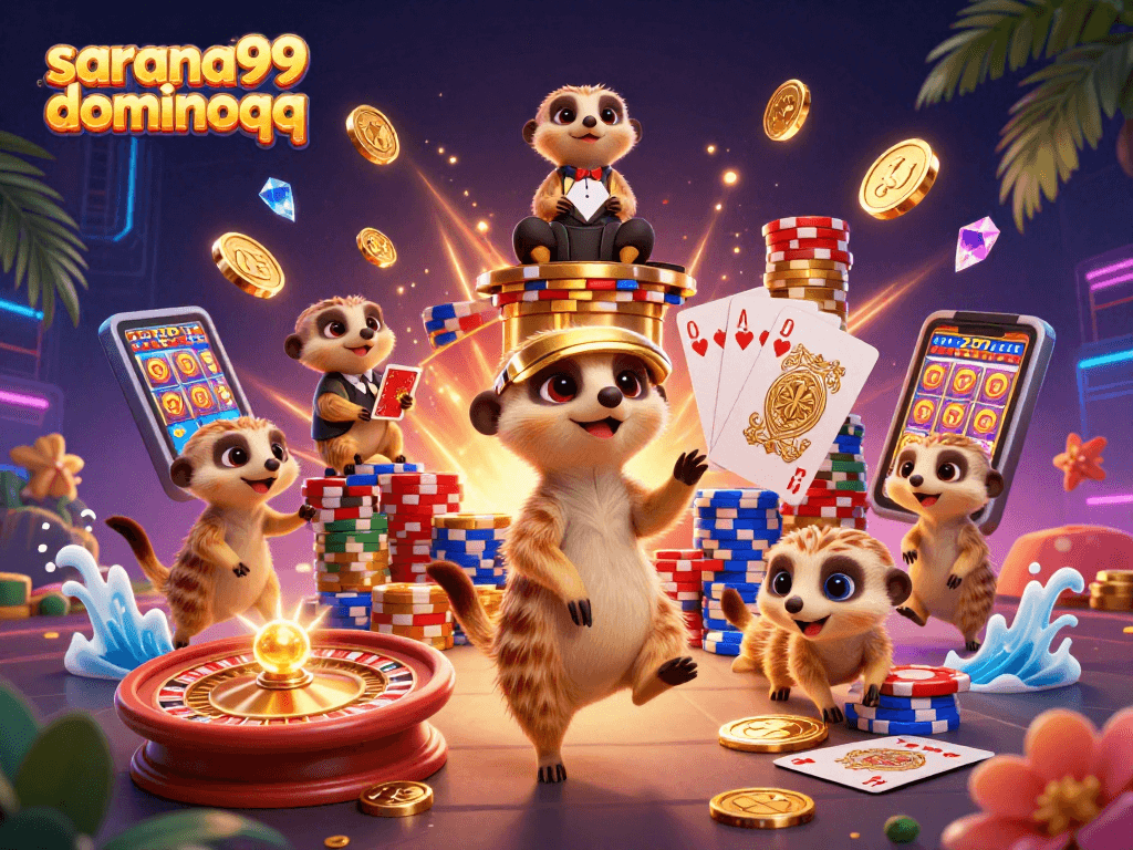 Sarana99 dominoqq casino scene with meerkats managing tables, surrounded by coins and cards.