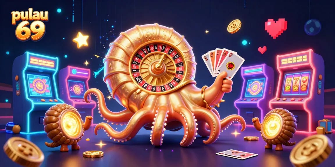 Engage with pulau 69 while enjoying vibrant casino elements like cards and a roulette wheel.
