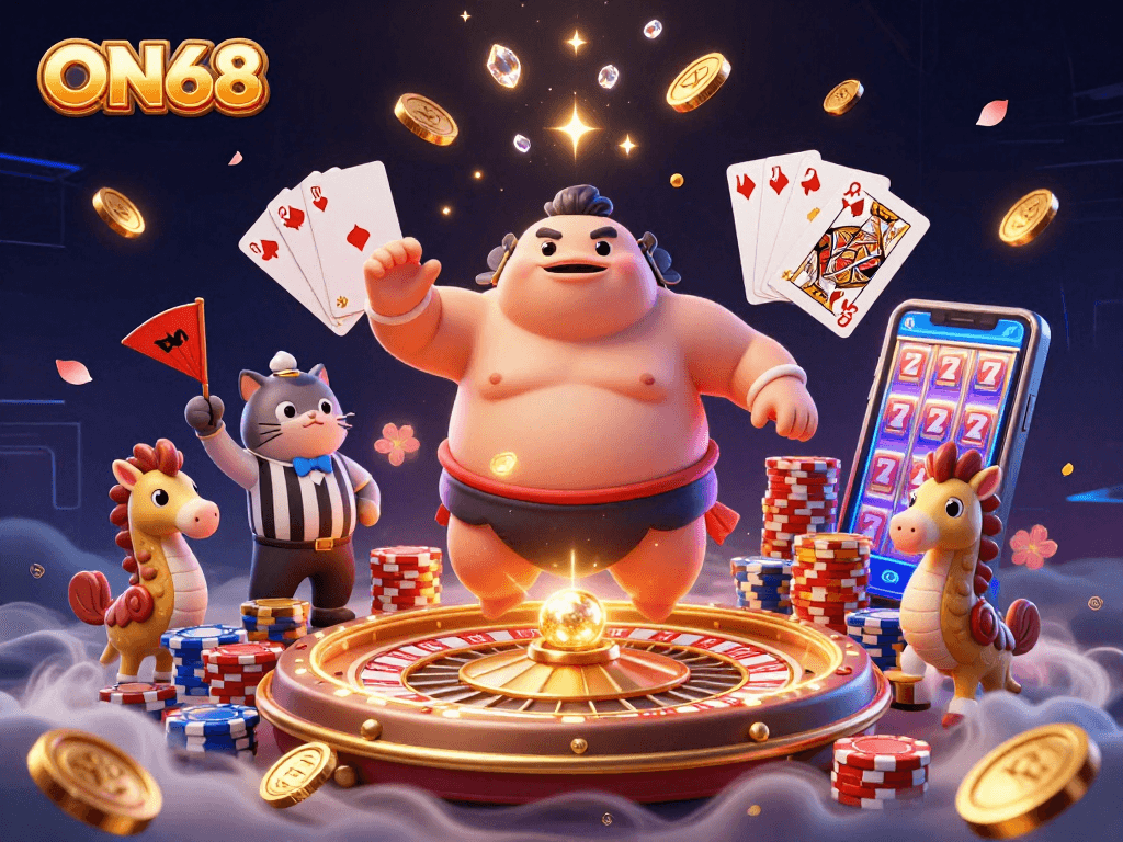 Experience the thrill of ON68's underwater casino scene with a giant fugu and vibrant game elements.