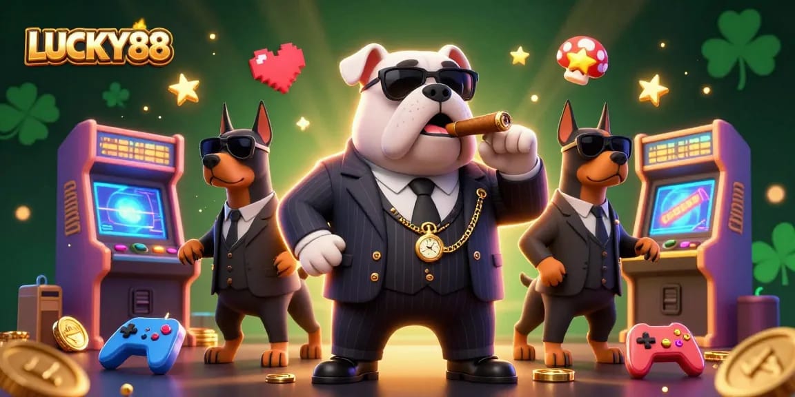 Play and win at LUCKY88 with vibrant characters and dynamic casino elements in this engaging scene.