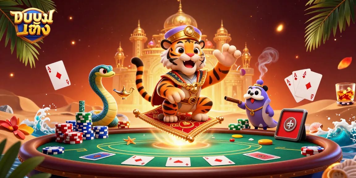Experience the thrill of แทงบอลเต็ง with a vibrant 3D scene featuring a tiger sultan and poker elements.