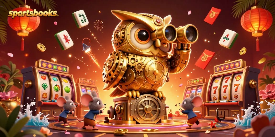 Engage with top sportsbooks through a vibrant 3D casino illustration showcasing an owl and mice amidst game symbols.