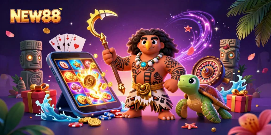 Engage with dynamic NEW88 casino elements through a vibrant 3D illustration full of game excitement.