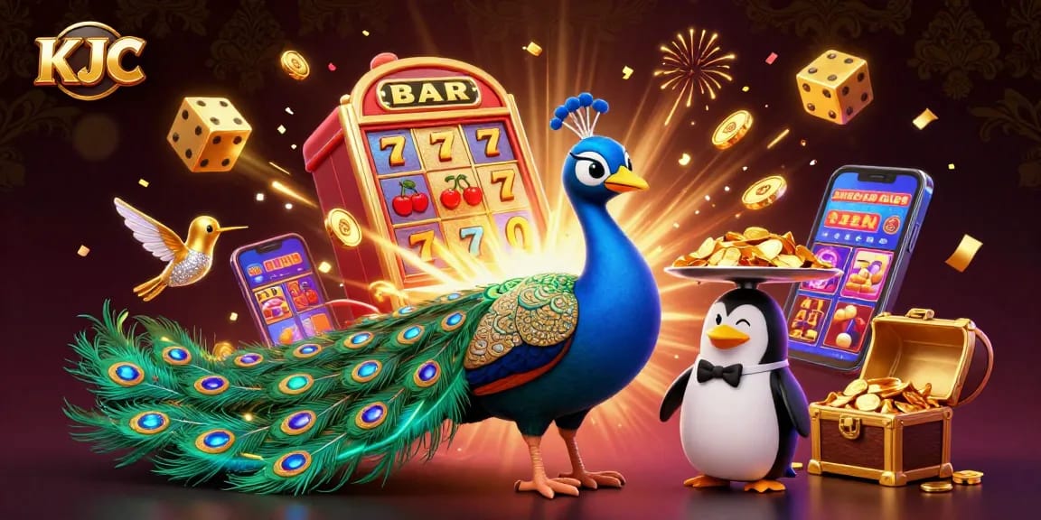 KJC elevates casino excitement with vibrant imagery of a peacock and penguin amid jackpot celebrations.