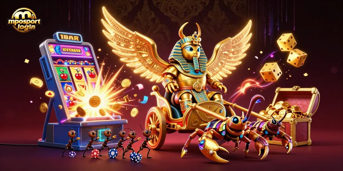 Engage in seamless gaming with MPOSPORT login, illustrated through a vibrant casino scene with dynamic elements.