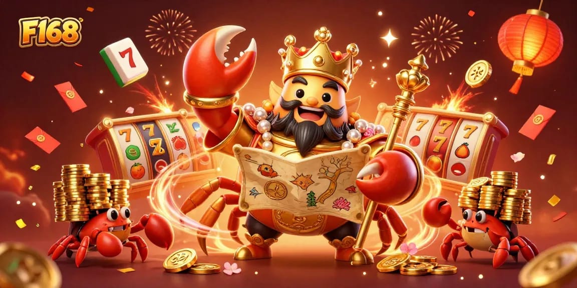 Join F168 for exciting gameplay with a golden crab emperor, vibrant symbols, and thrilling slot action.