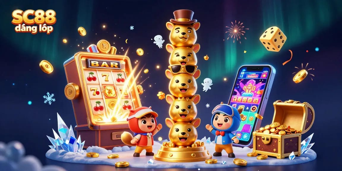 Join the action with SC88 đăng nhập, featuring a vibrant slot machine and a magical casino atmosphere.