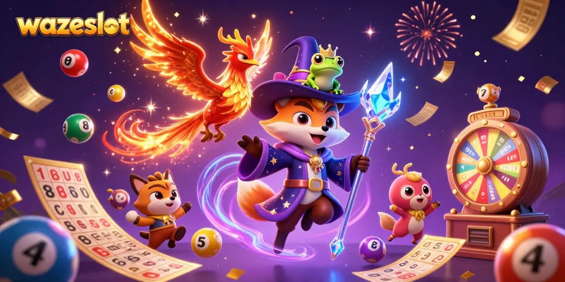 Experience the thrill of wazeslot with a vibrant scene of a wizard and casino elements.