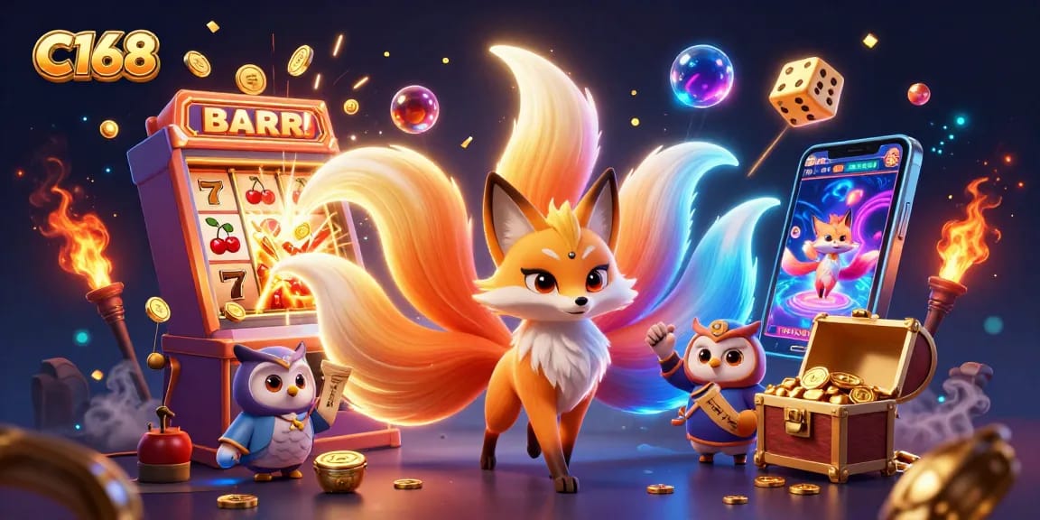 C168 brings excitement with a colorful nine-tailed fox and a wise owl amidst vibrant online casino game elements.