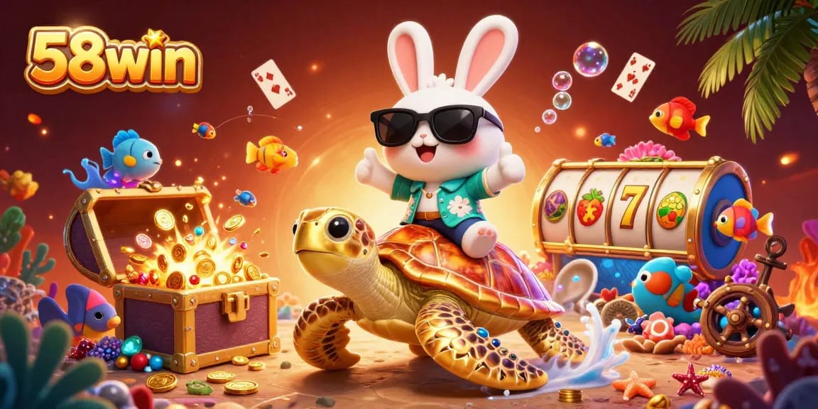 Experience vibrant gaming at 58win with a lucky rabbit and golden turtle in an underwater casino setting.