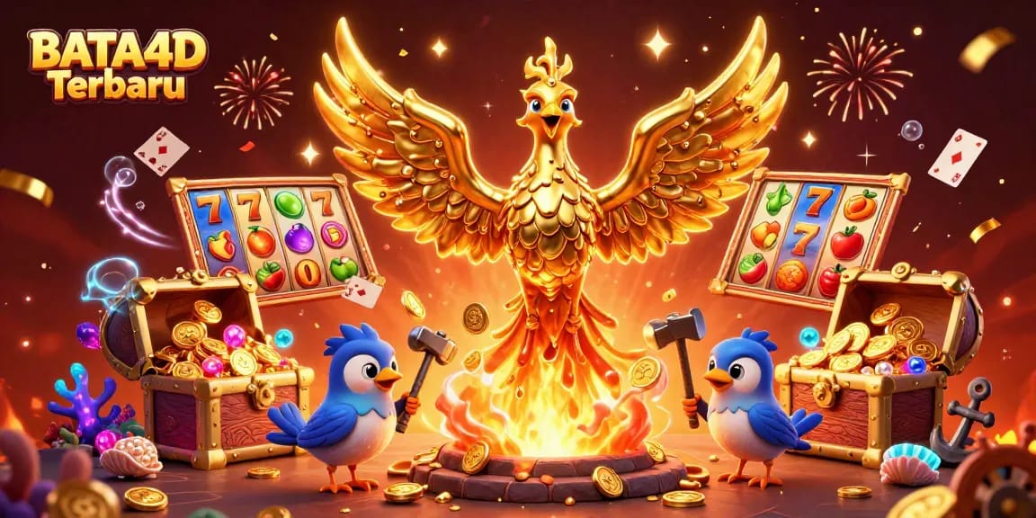 BATA4D Terbaru menampilkan phoenix emas 3D yang unik bersama elemen kasino seperti gulungan slot dan simbol buah, mengundang pemain menjelajahi hiburan online.
