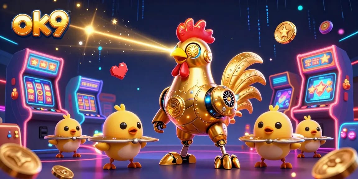 Engage in exciting games at ok9, featuring a golden rooster robot and baby chick drones amidst neon arcade action.
