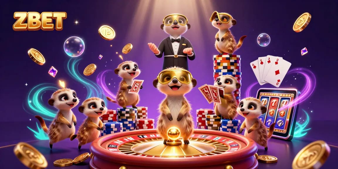 ZBET shows a dynamic meerkat casino scene with playful characters and vibrant gems.