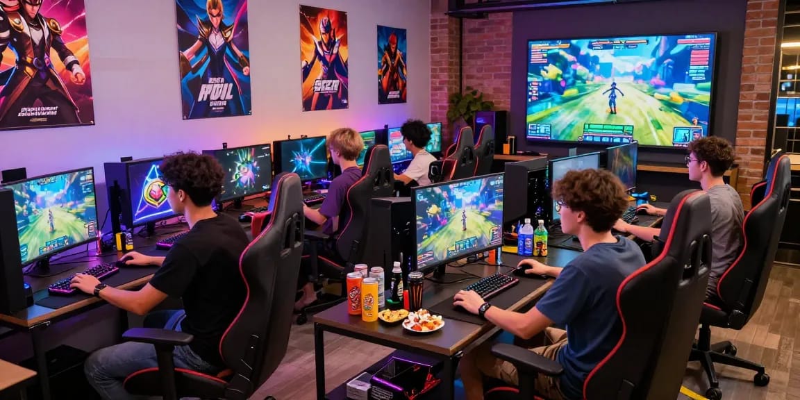 Engaging gaming lounge with friends playing 3D ecchi games, vibrant LED lights and modern decor.