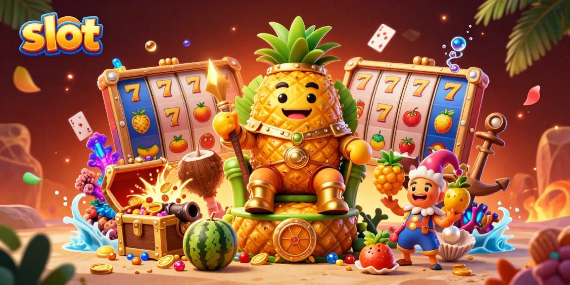 Putar slot yang menyenangkan dengan simbol buah dan elemen jackpot di kasino pantai yang ceria.