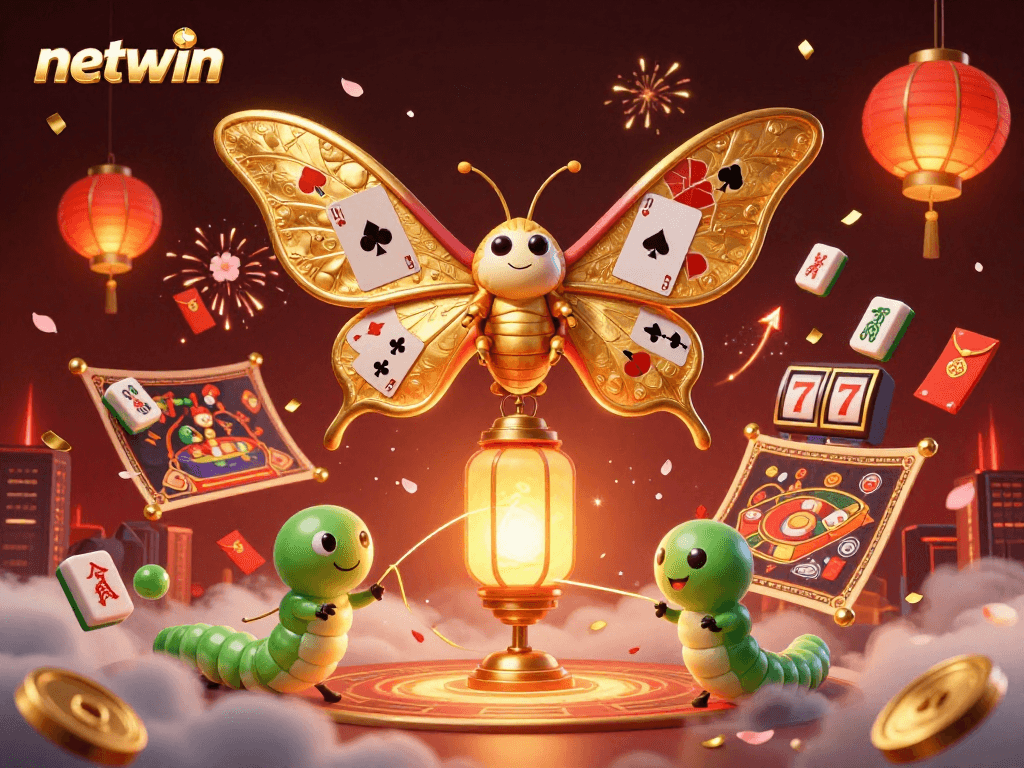 Engage with thrilling gameplay at netwin featuring a vibrant 3D scene with a dazzling atlas moth and casino elements.