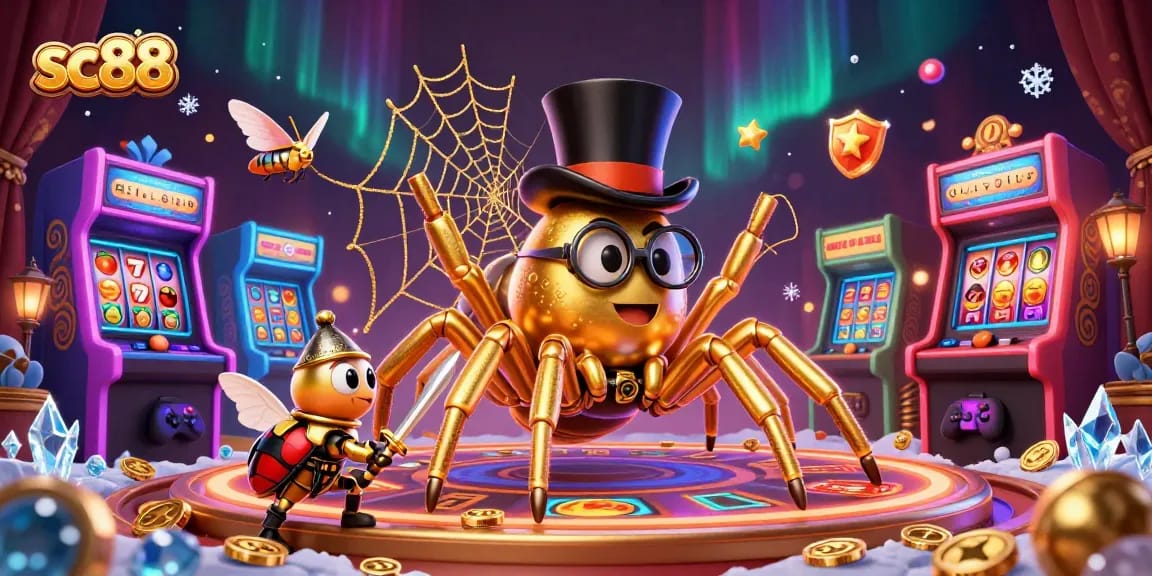 Experience winning at sc88 with a giant golden tarantula and a knight in a dynamic casino scene.
