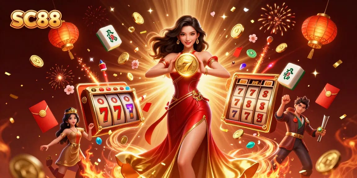 SC88 showcases a dazzling Asian woman amidst a casino celebration, radiating golden coins and game elements.