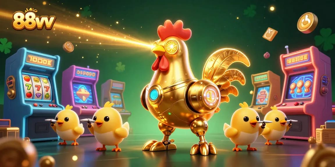 Experience the thrilling action of 88vv as animated golden rooster robots engage in exciting casino gameplay.