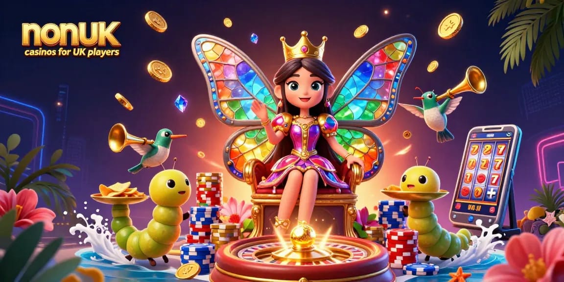 Experience the vibrant world of non UK casinos for UK players in this colorful 3D illustration.