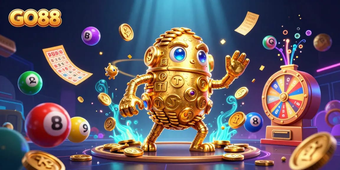 Experience thrilling games at GO88, featuring a golden golem amidst vibrant casino elements.