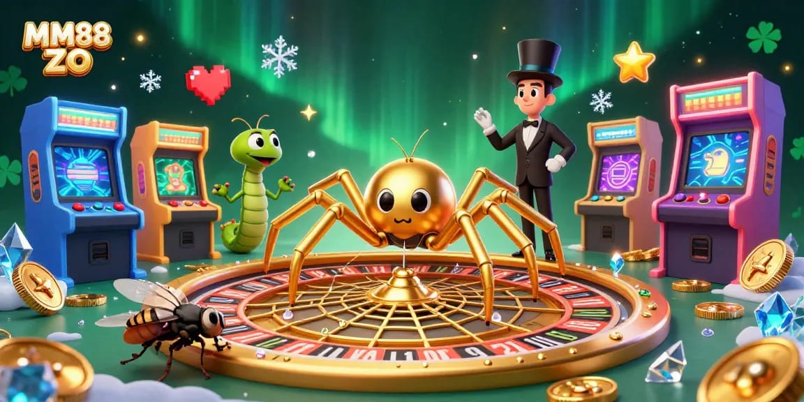 Engage with MM88 ZO through a vibrant casino gaming scene featuring a unique roulette web.