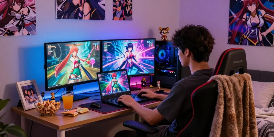 Person playing engaging hentai games on a laptop in a cozy bedroom with LED lights and anime decor.