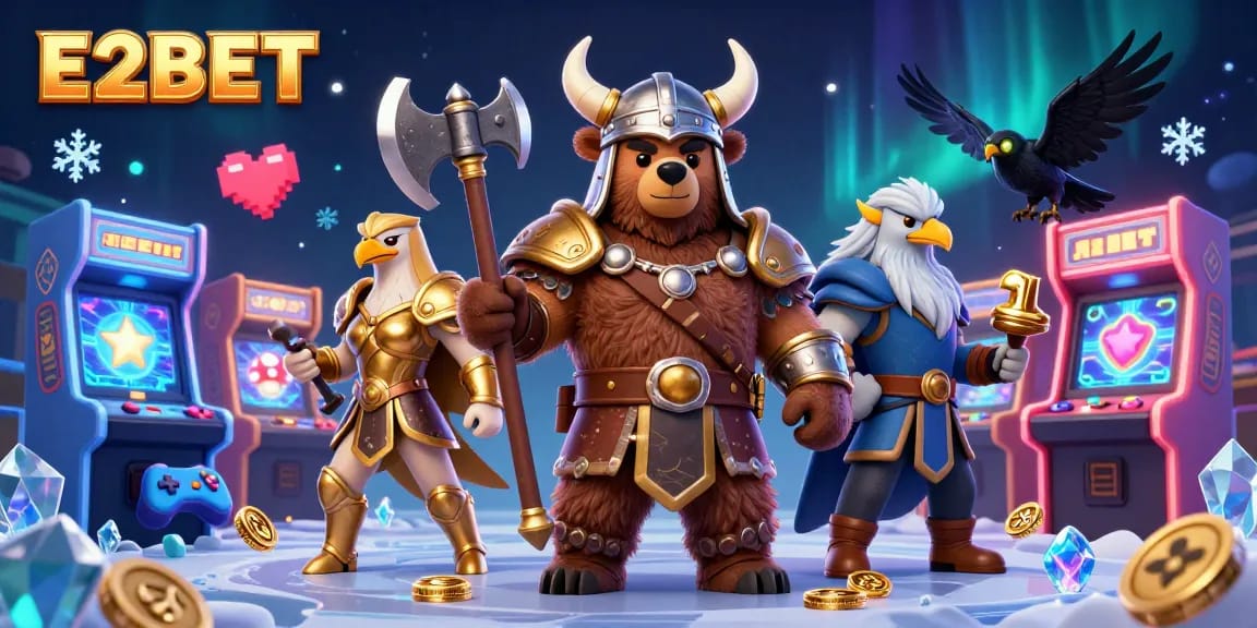 E2BET features a dynamic 3D cartoon Viking bear and Valkyrie eagle in an exciting casino atmosphere.