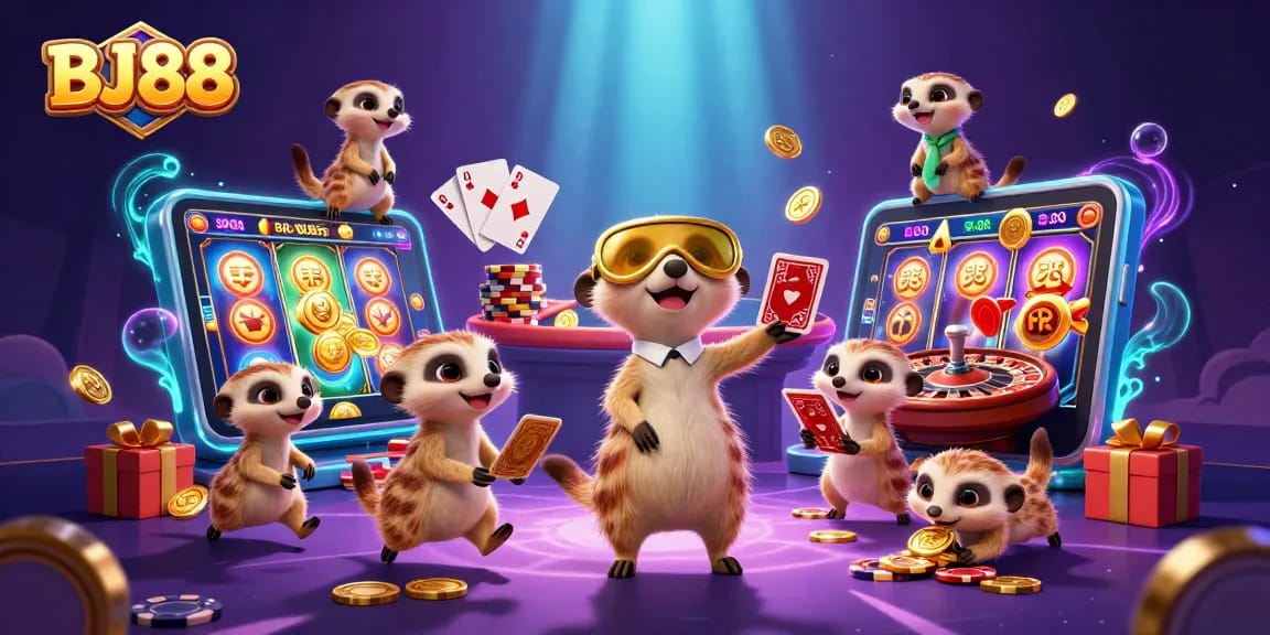 BJ88 inspires players with a colorful casino scene showcasing cartoon meerkats engaging in fun betting activities.