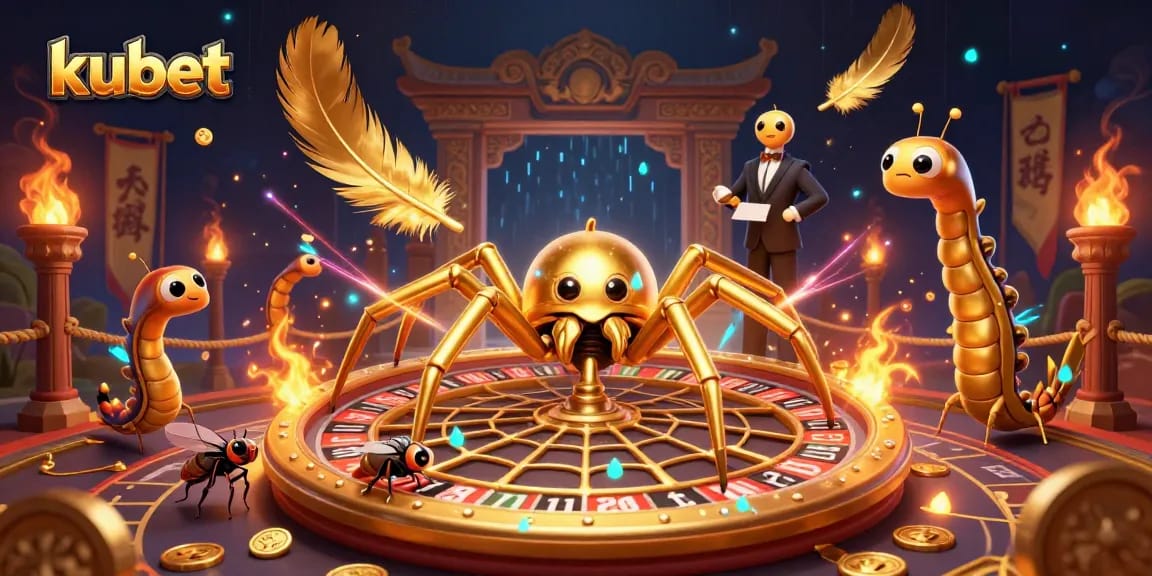 kubet players engage nervously on a roulette wheel web, a croupier spider spins the stakes