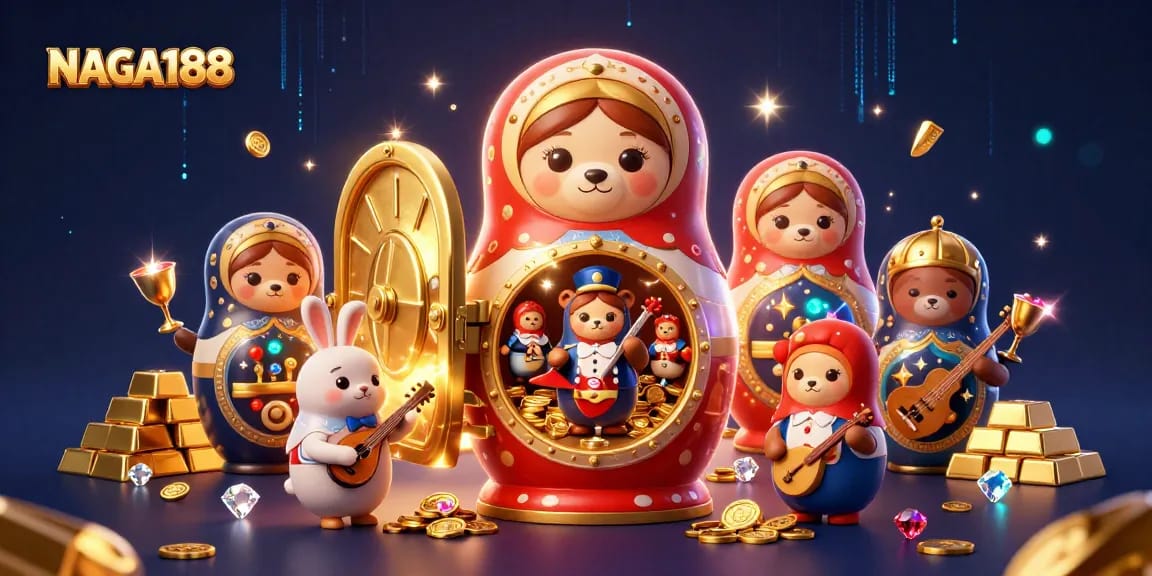 NAGA188 menghadirkan ilustrasi kasino dengan beruang Matryoshka dan elemen bermain yang memikat.