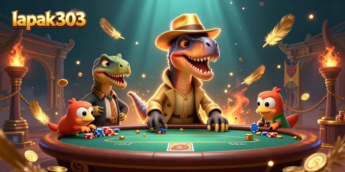 Lapak303: Velociraptor pintar poker mendapatkan chip di meja sambil dijaga stegosaurus di arena bertema unik.